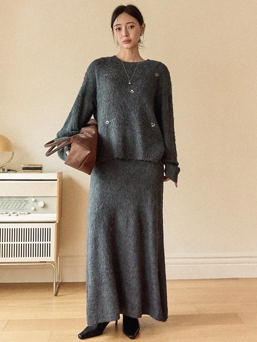 Dazy-Less 2pcs Women Casual Commuting Sequin Patchwork Pullover Sweater And Sweater Dress Set, Autumn/Winter - Grey - View 1