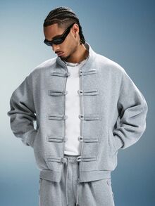PAVTROS Men's Autumn/Winter Jacket & Sweatpants Set, Stand Collar Cardigan With Frog Button Design, Light Floral Grey Curved Leg Sweatpants, Y2K Theme Christmas & Halloween Gift - Grey - View 3