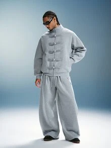 PAVTROS Men's Autumn/Winter Jacket & Sweatpants Set, Stand Collar Cardigan With Frog Button Design, Light Floral Grey Curved Leg Sweatpants, Y2K Theme Christmas & Halloween Gift - Grey - View 1