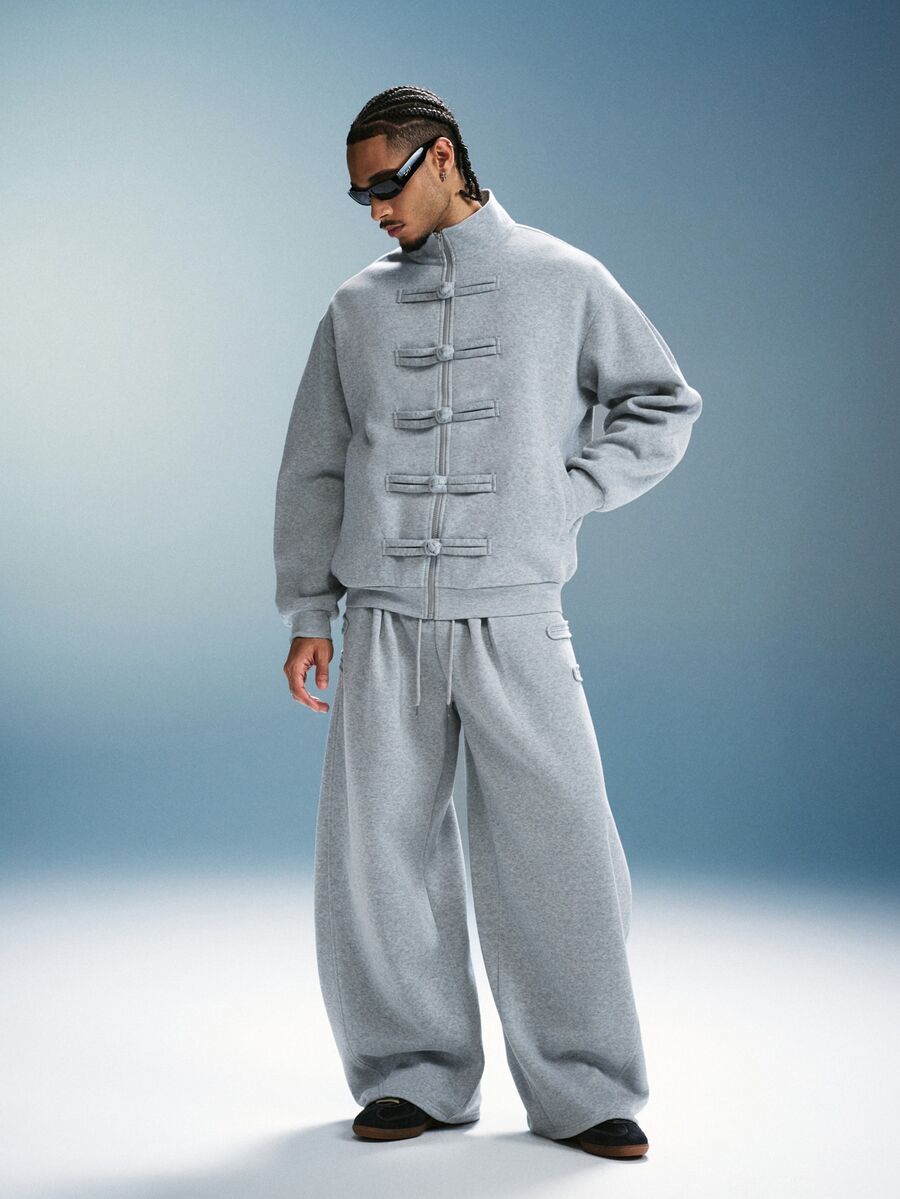 PAVTROS Men's Autumn/Winter Jacket & Sweatpants Set, Stand Collar Cardigan With Frog Button Design, Light Floral Grey Curved Leg Sweatpants, Y2K Theme Christmas & Halloween Gift - Grey - View 1