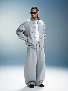 PAVTROS Men's Autumn/Winter Jacket & Sweatpants Set, Stand Collar Cardigan With Frog Button Design, Light Floral Grey Curved Leg Sweatpants, Y2K Theme Christmas & Halloween Gift - Grey - View 7