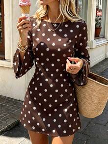 SHEIN PariChic Vintage Brown Polka Dot Print Long Sleeve Dress, Round Neck, Fitted Waist Design, Elegant Commuter Mini Dress - Brown - View 3