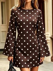 SHEIN PariChic Vintage Brown Polka Dot Print Long Sleeve Dress, Round Neck, Fitted Waist Design, Elegant Commuter Mini Dress - Brown - View 7