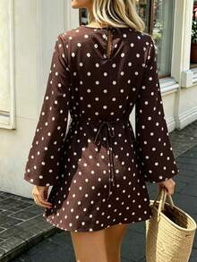 SHEIN PariChic Vintage Brown Polka Dot Print Long Sleeve Dress, Round Neck, Fitted Waist Design, Elegant Commuter Mini Dress - Brown - View 2