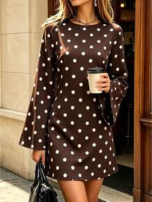 SHEIN PariChic Vintage Brown Polka Dot Print Long Sleeve Dress, Round Neck, Fitted Waist Design, Elegant Commuter Mini Dress - Brown - View 8