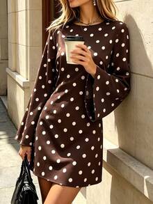 SHEIN PariChic Vintage Brown Polka Dot Print Long Sleeve Dress, Round Neck, Fitted Waist Design, Elegant Commuter Mini Dress - Brown - View 5