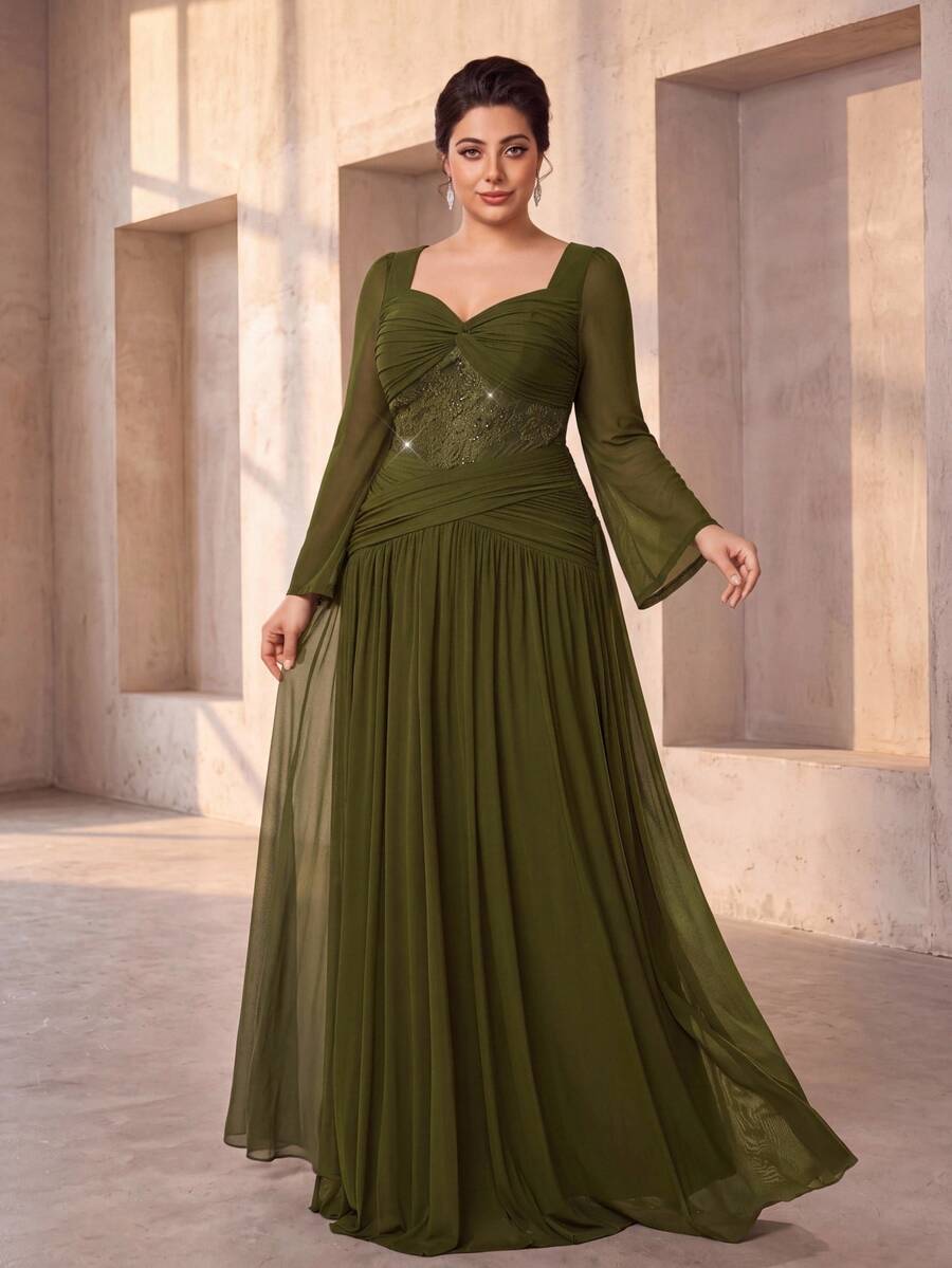 Serin Plus Size Elegant Luxurious Graceful Olive Green Beaded Lace ...