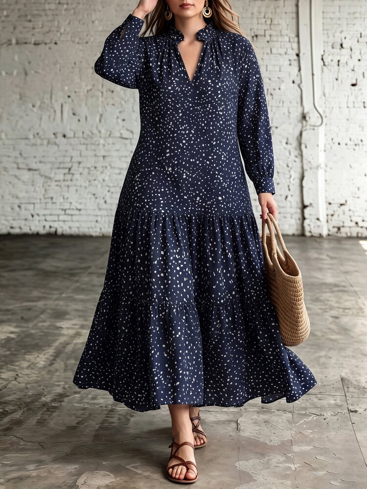 Linhara CURVE Plus Size Dresses Fall Vacation Navy Blue Casual Boho - Multicolor - View 5
