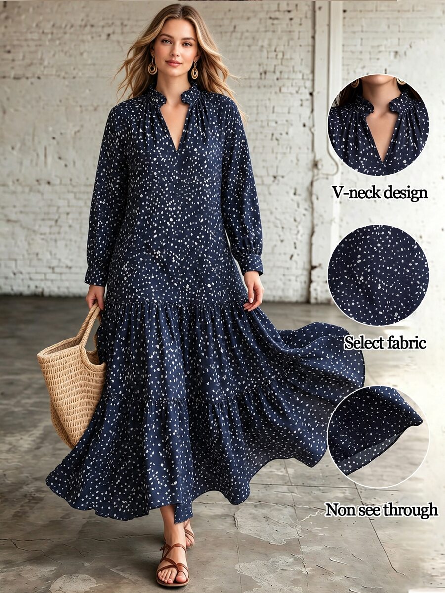 Linhara CURVE Plus Size Dresses Fall Vacation Navy Blue Casual Boho - Multicolor - View 1