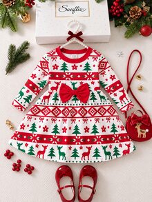 SHEIN Infant/Baby Girl Christmas Long Sleeve Dress, Light Pink Base Color, All-Over Print Wearing Christmas Hats. Round Neck Design, Christmas Tree Red Bow - Multicolor - View 4
