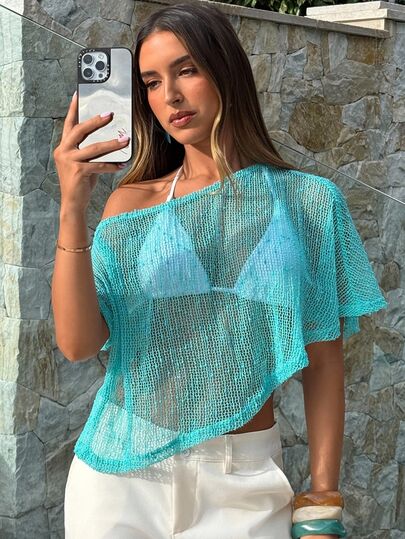 Aloruh Women's Asymmetrical Neck Sheer Blouse, Deep Teal Summer Casual Sexy Tropical Holiday Vacation, Y2K Beach Bikini Cover-Up, Music Festival Party Tops