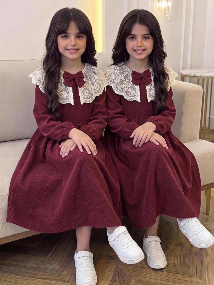 SHEIN Tween Girl Tween Girl Autumn/Winter Casual Elegant Exquisite Embroidered Lace Trim Patchwork 3D Bow Decor Ruched Princess Flare Woven Corduroy Solid Color Dress Burgundy Suitable For Christmas New Year Daily Wear - Burgundy - View 4