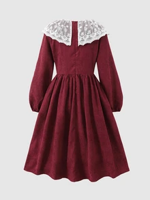 SHEIN Tween女孩秋冬休閒優雅精緻刺繡蕾絲飾邊拼接3D蝴蝶結裝飾抓皺公主喇叭袖燈芯絨素色洋裝，酒紅色，適合聖誕節、新年與日常穿著 - 酒紅色 - 查看 2