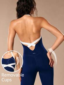 VARSIVA Women's Slim Fit Comfortable Fashionable Versatile Colorblock Halter Neck Sports Jumpsuit - Multicolor - View 2