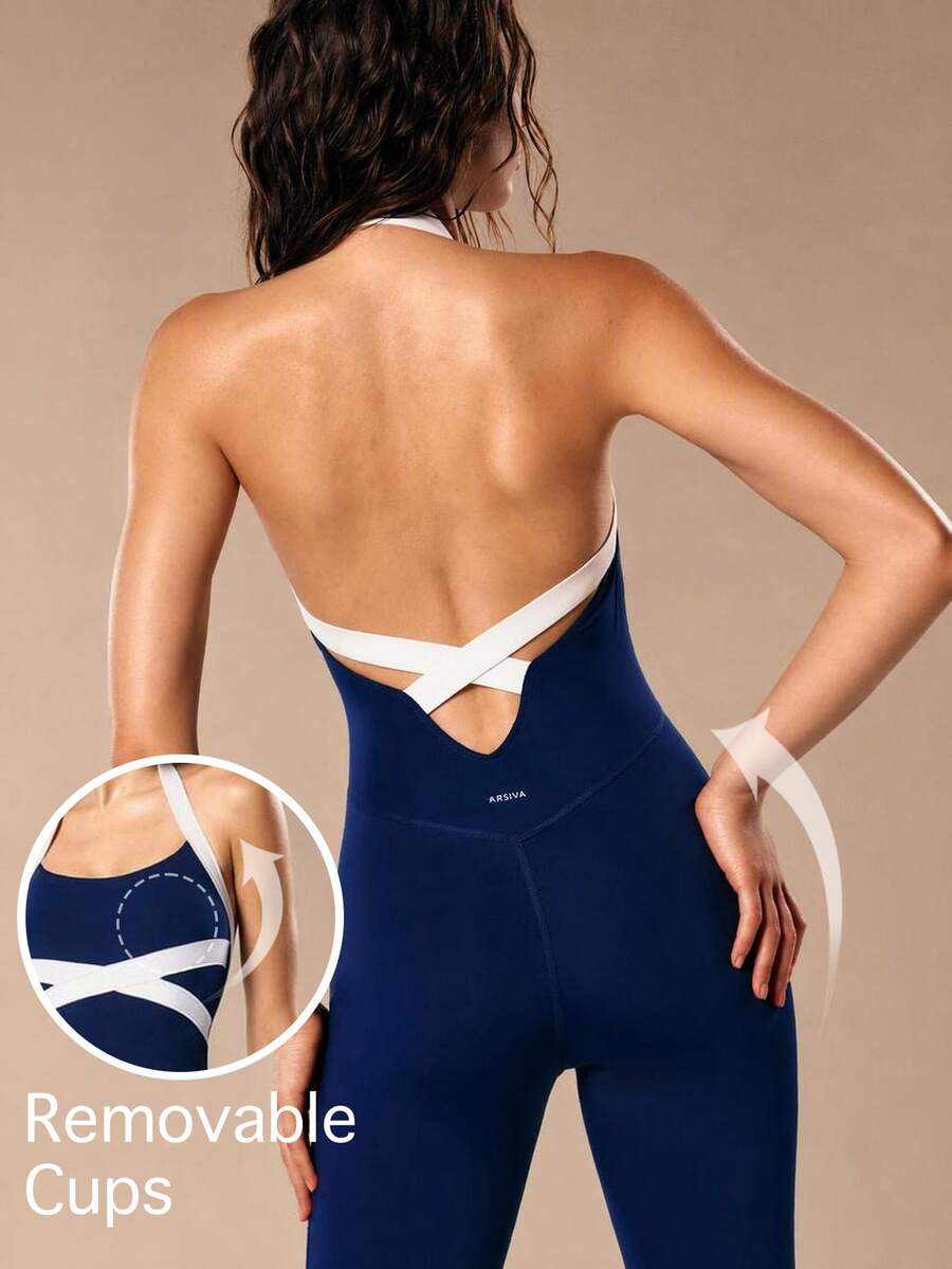 VARSIVA Women's Slim Fit Comfortable Fashionable Versatile Colorblock Halter Neck Sports Jumpsuit