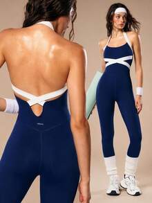 VARSIVA Women's Slim Fit Comfortable Fashionable Versatile Colorblock Halter Neck Sports Jumpsuit - Multicolor - View 3