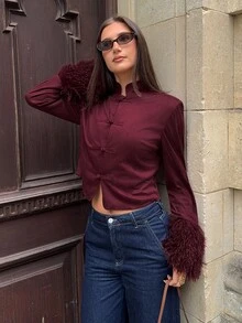 Siren Gaze Women's Elegant Suede Fabic Jacket Short Length Outerwear Frog Button Faux Fur Cuffs Plush Trim Burgundy Red Vintage Luxury Fall/Winter Christmas - Burgundy - View 9