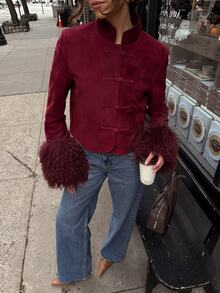 Siren Gaze Women's Elegant Suede Fabic Jacket Short Length Outerwear Frog Button Faux Fur Cuffs Plush Trim Burgundy Red Vintage Luxury Fall/Winter Christmas - Burgundy - View 5