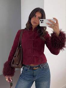 Siren Gaze Women's Elegant Suede Fabic Jacket Short Length Outerwear Frog Button Faux Fur Cuffs Plush Trim Burgundy Red Vintage Luxury Fall/Winter Christmas - Burgundy - View 2