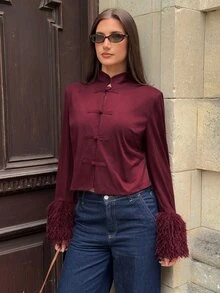 Siren Gaze Women's Elegant Suede Fabic Jacket Short Length Outerwear Frog Button Faux Fur Cuffs Plush Trim Burgundy Red Vintage Luxury Fall/Winter Christmas - Burgundy - View 10
