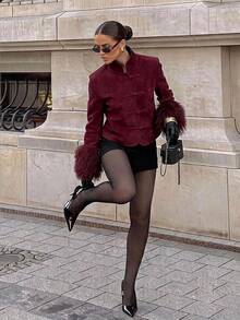 Siren Gaze Women's Elegant Suede Fabic Jacket Short Length Outerwear Frog Button Faux Fur Cuffs Plush Trim Burgundy Red Vintage Luxury Fall/Winter Christmas - Burgundy - View 4