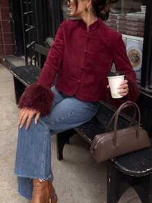 Siren Gaze Women's Elegant Suede Fabic Jacket Short Length Outerwear Frog Button Faux Fur Cuffs Plush Trim Burgundy Red Vintage Luxury Fall/Winter Christmas - Burgundy - View 11