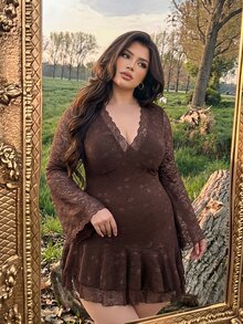 SHEIN MOD Plus Size Women's Elegant Romantic Asymmetrical Ruffle Lace Long Bell Sleeve Mini Fitted Dress Spring/Autumn Fall Party Date Night Brown - Brown - View 7