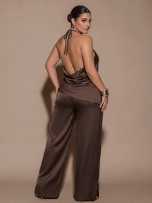SHEIN BAE CURVE Plus Size Women's Draped Neck Backless Top And Wide Leg Pants Fashion Sexy Set Dinner Vacation Dark Brown,Halloween Costume Women,Fall Outfit,Sexy - Brown - View 3