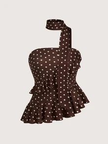 SHEIN PariChic 2026 Summer New Sexy Ruffled Hem Polka Dot Halter Crop Top, Vintage French Style Brown - Multicolor - View 7