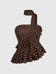 SHEIN PariChic 2026 Summer New Sexy Ruffled Hem Polka Dot Halter Crop Top, Vintage French Style Brown - Multicolor - View 4