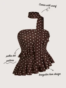 SHEIN PariChic 2026 Summer New Sexy Ruffled Hem Polka Dot Halter Crop Top, Vintage French Style Brown - Multicolor - View 3