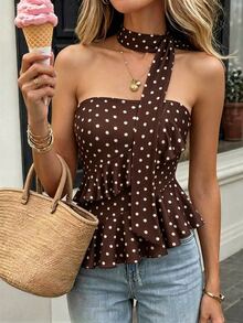 SHEIN PariChic 2026 Summer New Sexy Ruffled Hem Polka Dot Halter Crop Top, Vintage French Style Brown - Multicolor - View 9