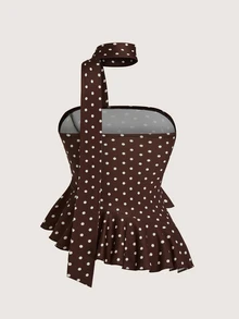 SHEIN PariChic 2026 Summer New Sexy Ruffled Hem Polka Dot Halter Crop Top, Vintage French Style Brown - Multicolor - View 2