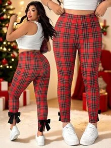 SHEIN EZwear 大尺碼女款格紋高腰修身休閒長褲，附蝴蝶結裝飾 - 彩色 - 查看 4