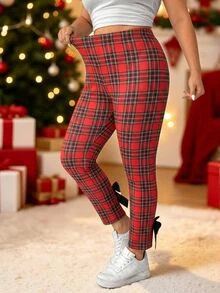 SHEIN EZwear 大尺碼女款格紋高腰修身休閒長褲，附蝴蝶結裝飾 - 彩色 - 查看 7