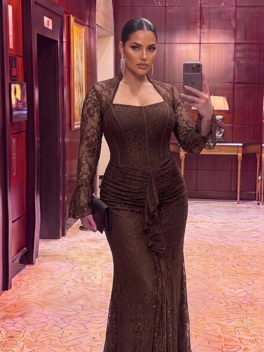 Aureia Plus Size Elegant Romantic Luxurious Coffee Lace Asymmetrical Collar Flared Sleeve Asymmetrical Ruffle Overlay Fitted Mermaid Hem Evening Gown For Party Date Ball Vacation Wedding Event