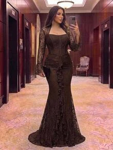 Aureia Plus Size Elegant Romantic Luxurious Coffee Lace Asymmetrical Collar Flared Sleeve Asymmetrical Ruffle Overlay Fitted Mermaid Hem Evening Gown For Party Date Ball Vacation Wedding Event - Coffee Brown - View 9