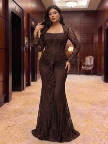 Aureia Plus Size Elegant Romantic Luxurious Coffee Lace Asymmetrical Collar Flared Sleeve Asymmetrical Ruffle Overlay Fitted Mermaid Hem Evening Gown For Party Date Ball Vacation Wedding Event - Coffee Brown - View 3