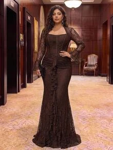 Aureia Plus Size Elegant Romantic Luxurious Coffee Lace Asymmetrical Collar Flared Sleeve Asymmetrical Ruffle Overlay Fitted Mermaid Hem Evening Gown For Party Date Ball Vacation Wedding Event - Coffee Brown - View 7