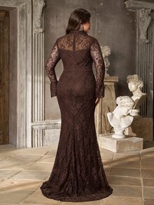 Aureia Plus Size Elegant Romantic Luxurious Coffee Lace Asymmetrical Collar Flared Sleeve Asymmetrical Ruffle Overlay Fitted Mermaid Hem Evening Gown For Party Date Ball Vacation Wedding Event - Coffee Brown - View 6