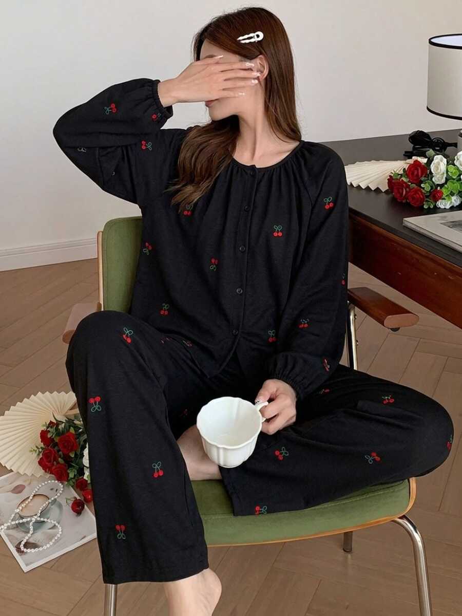 Teen Girl Black Top And Long Pants Casual Pajama Set - Black - View 1