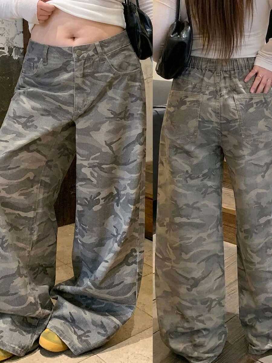 Dazy Plus Loose Casual Camouflage Korean Style Curved Leg Long Denim Jeans - Olive Green - View 1