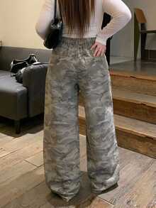 Dazy Plus Loose Casual Camouflage Korean Style Curved Leg Long Denim Jeans - Olive Green - View 8