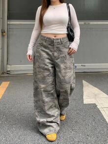 Dazy Plus Loose Casual Camouflage Korean Style Curved Leg Long Denim Jeans - Olive Green - View 2