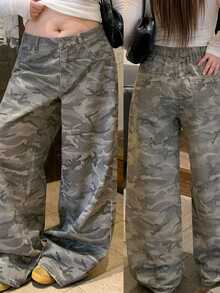Dazy Plus Loose Casual Camouflage Korean Style Curved Leg Long Denim Jeans - Olive Green - View 7