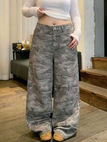 Dazy Plus Loose Casual Camouflage Korean Style Curved Leg Long Denim Jeans - Olive Green - View 9