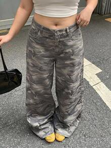Dazy Plus Loose Casual Camouflage Korean Style Curved Leg Long Denim Jeans - Olive Green - View 5