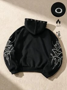 ROMWE MEN Street Life Men's Anime Print Hooded Sweatshirt With Grommet Decoration And Zipper Long Sleeve - Black - View 4