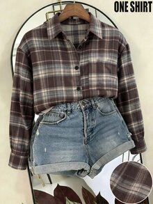 SHEIN Minimalist Casual Vintage Plaid Collar Pocket Loose Long Sleeve Shirt For Women - Multicolor - View 5