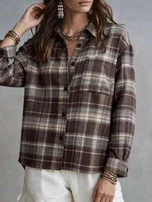 SHEIN Minimalist Casual Vintage Plaid Collar Pocket Loose Long Sleeve Shirt For Women - Multicolor - View 7